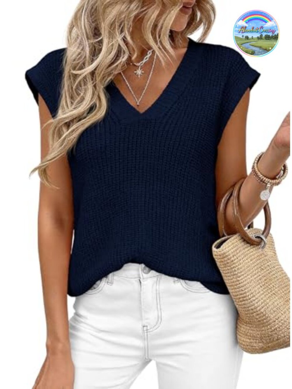 Women's Cap Sleeve Knit Sweater Vest V-Neck High Low Split Hem
